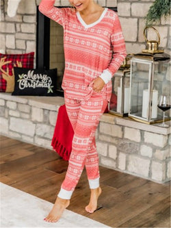 Loose Casual Printed V-Neck Top Pants Knit Suit