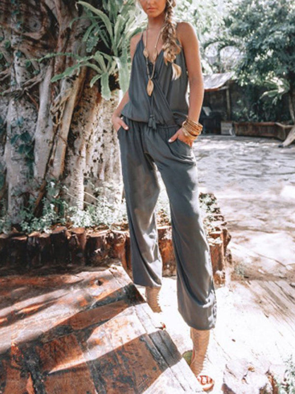 Casual V-neck lace up boho jumpsuit