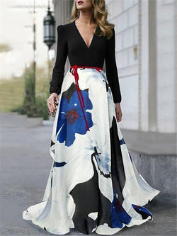 Elegant Printed V-Neck Long Sleeve Dress