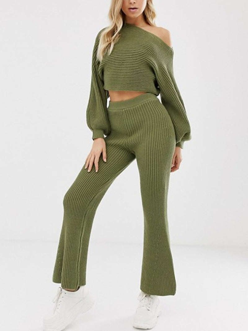 Fashion Casual Loose Lantern Sleeve Top Flare Pants Knitted Suit