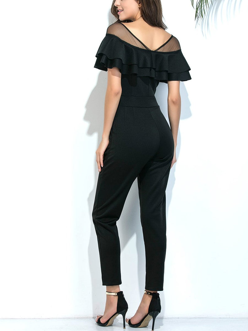 Sexy Mesh Stitching Ruffled Slim Jumpsuit