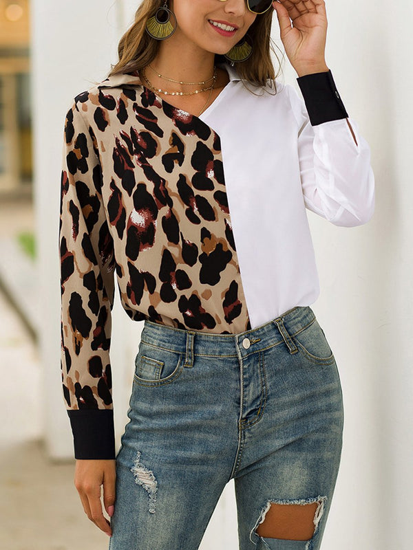 Leopard Print Color Long Sleeve V-Neck Fashion Wild Shirt