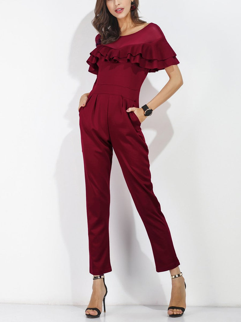 Sexy Mesh Stitching Ruffled Slim Jumpsuit