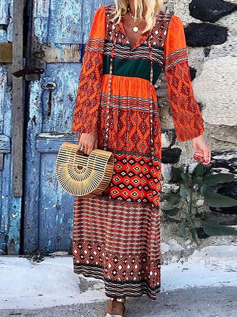 Stylish V-neck Bohemian Loose Print Dress