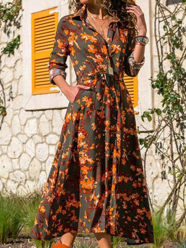 Bohemian Print Casual V-neck Long Sleeve High Waist  Dress