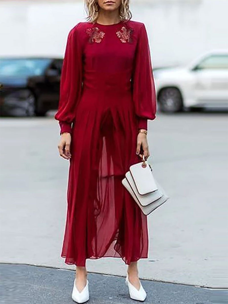 Elegant Solid Color Round Neck Embroidered Puff Sleeve Dress