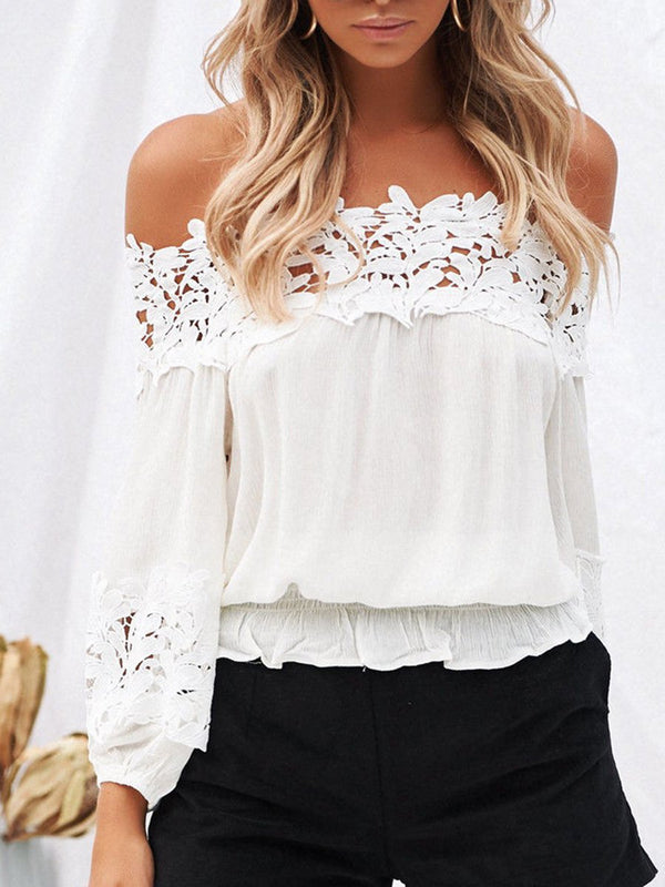 Lace Stitching One-shoulder Strapless Loose Long-sleeved Blouse