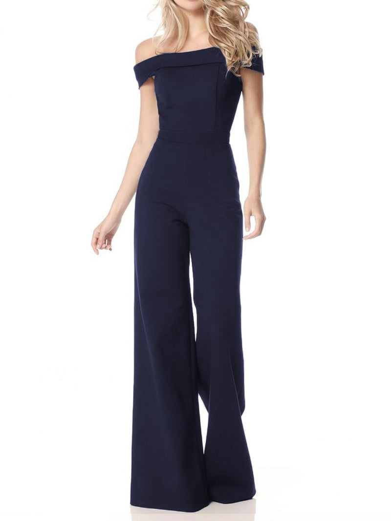 Sexy Word Shoulder Waist Pure Color Jumpsuit