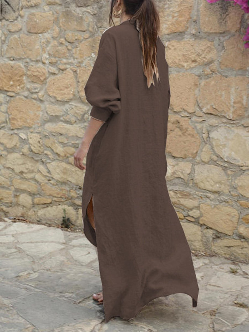 Cotton And V-Neck Loose Long-Sleeved Side Slit Long Dress