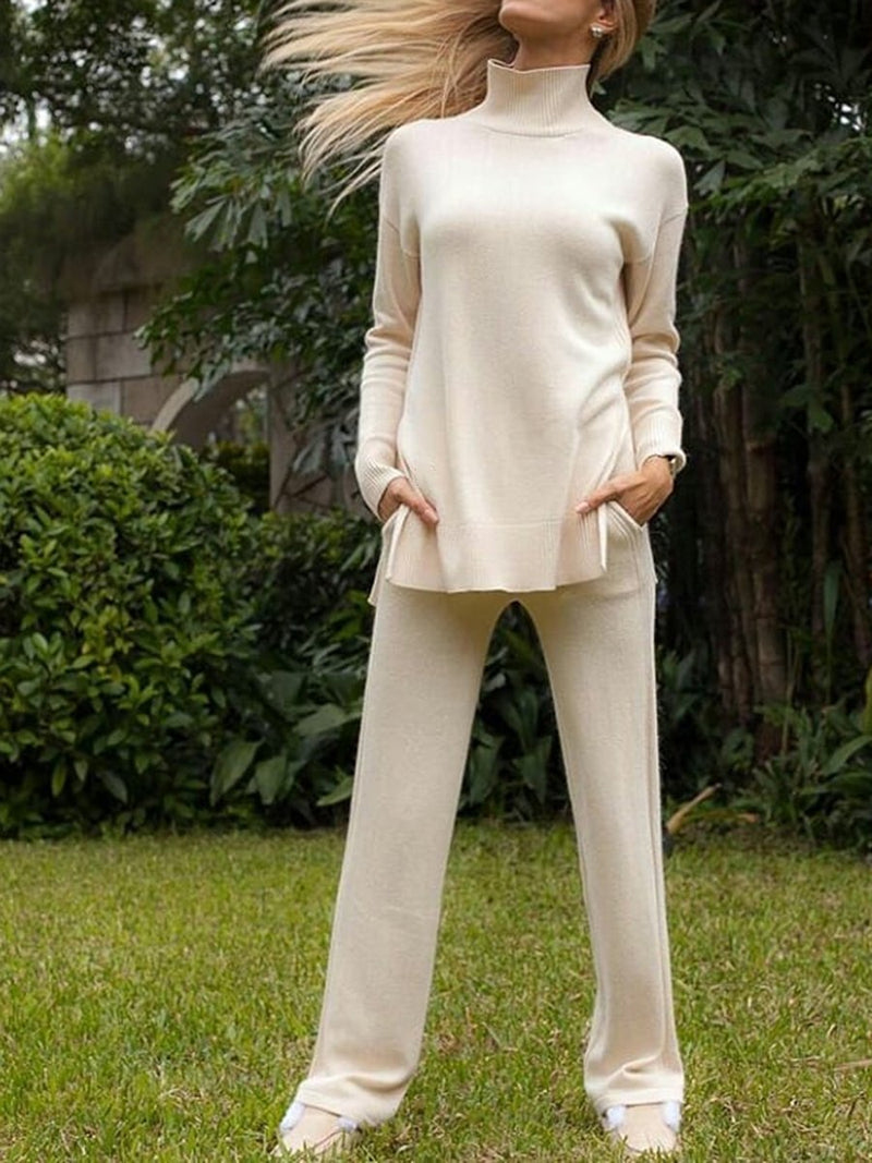 Loose Casual Turtleneck Long Sleeve Pullover Wide Leg Pants Knitted Suit