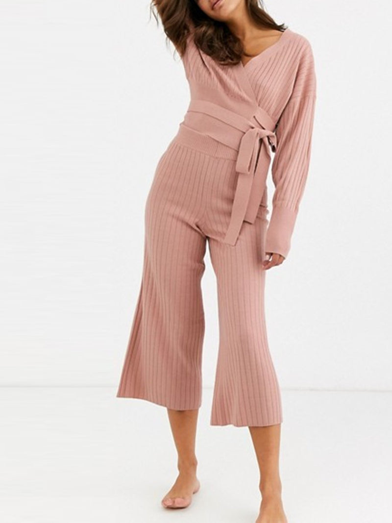 Casual Loose V-Neck Strap Long Sleeve Wide Leg Pants Knitted Suit