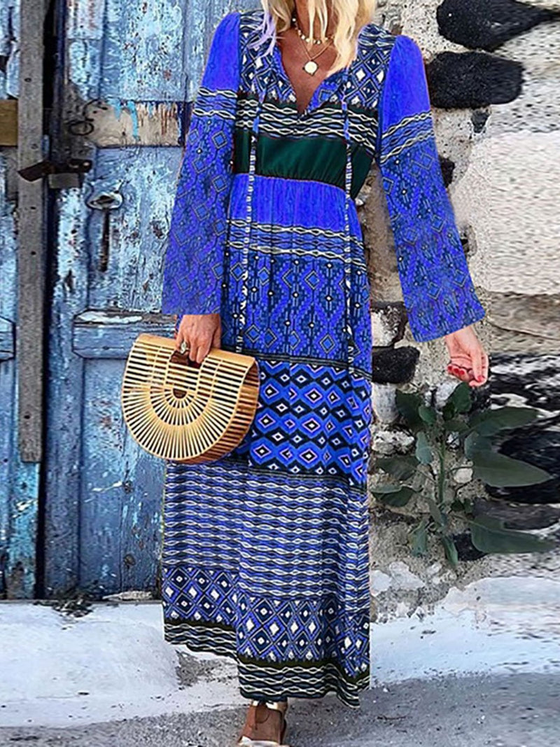 Stylish V-neck Bohemian Loose Print Dress