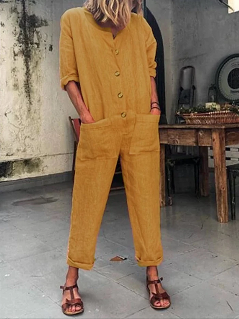 Casual Buttoned Solid Holiday Jumpsuits