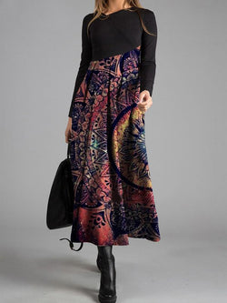 Black long sleeve casual floral print maxi dress