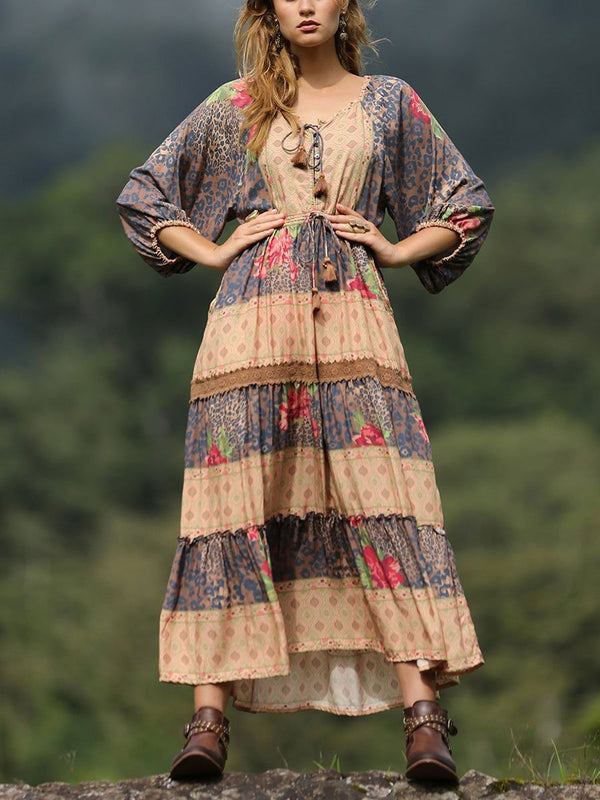 Splicing Contrast Long-sleeved Bohemian Dress