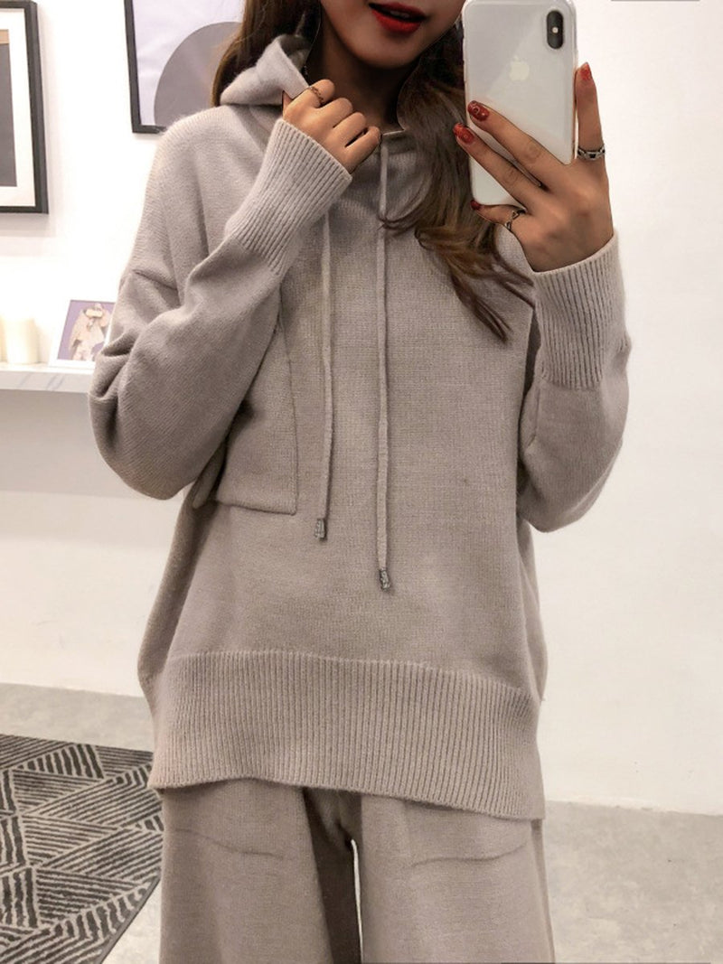 Casual Knit Hooded Loose Wide Leg Pants Two Piece Set