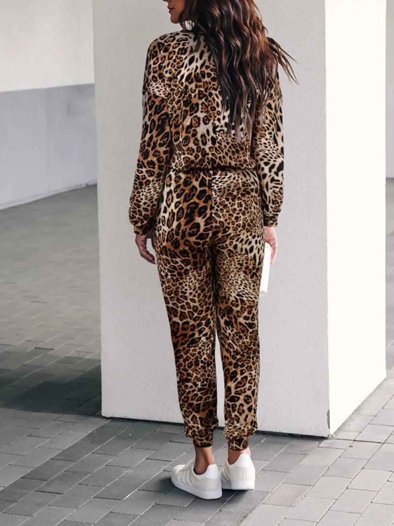 Casual Loose Long Sleeve Top Pants Leopard Set