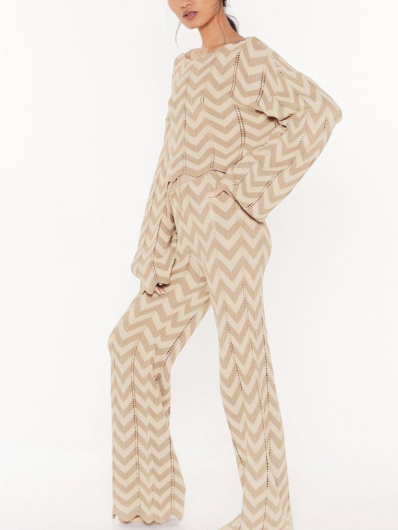 Loose Casual Striped Top Pants Knitted Suit