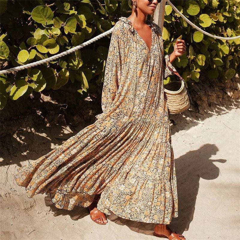 Bohemian Fashion Long Sleeve V-Neck Print Dress