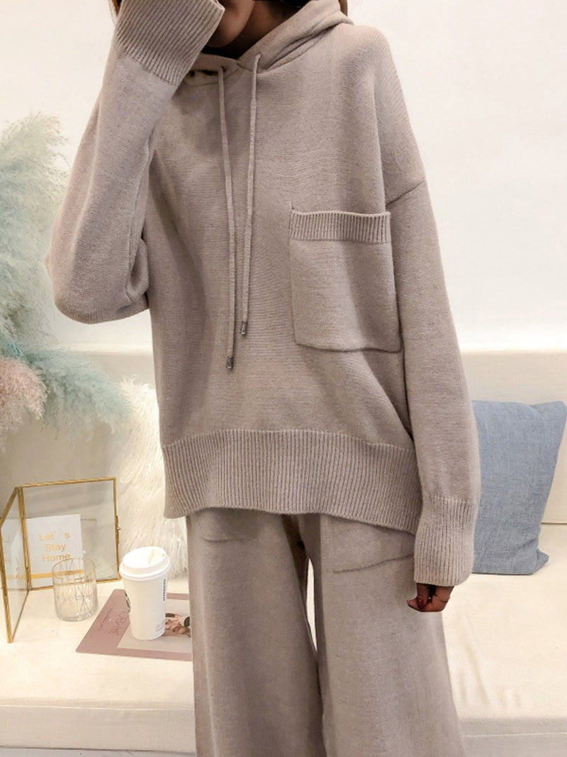 Casual Knit Hooded Loose Wide Leg Pants Two Piece Set