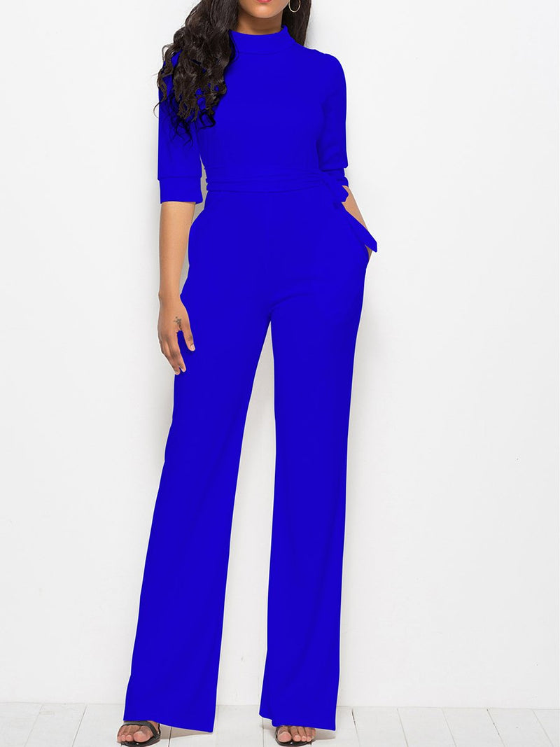 Sexy Solid Color Five-point Sleeve Stand Collar Wide Leg Jumpsuit