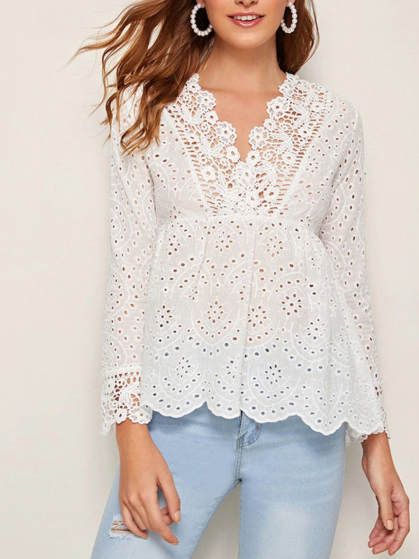 Lace V-neck Net Color Mesh Openwork Lace Long Sleeve Blouse