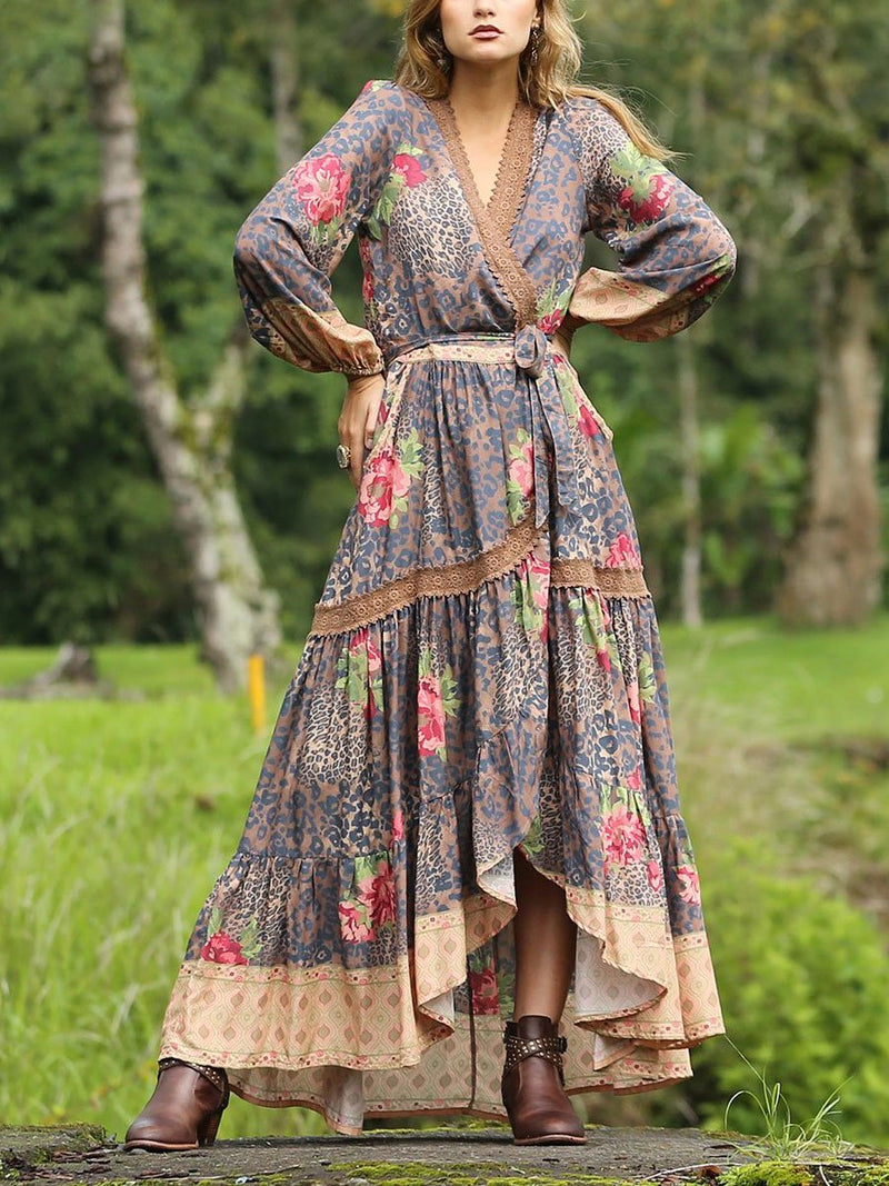 Slim Long-sleeved Vintage Printed Bohemian Dress