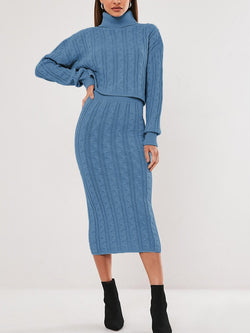 Elegant Turtleneck Long Sleeve Top Skirt Knit Set