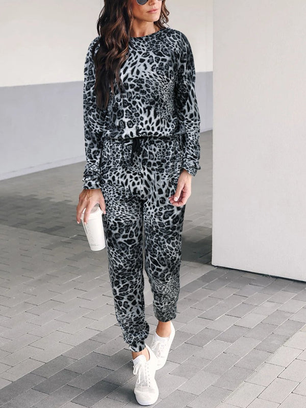 Casual Loose Long Sleeve Top Pants Leopard Set