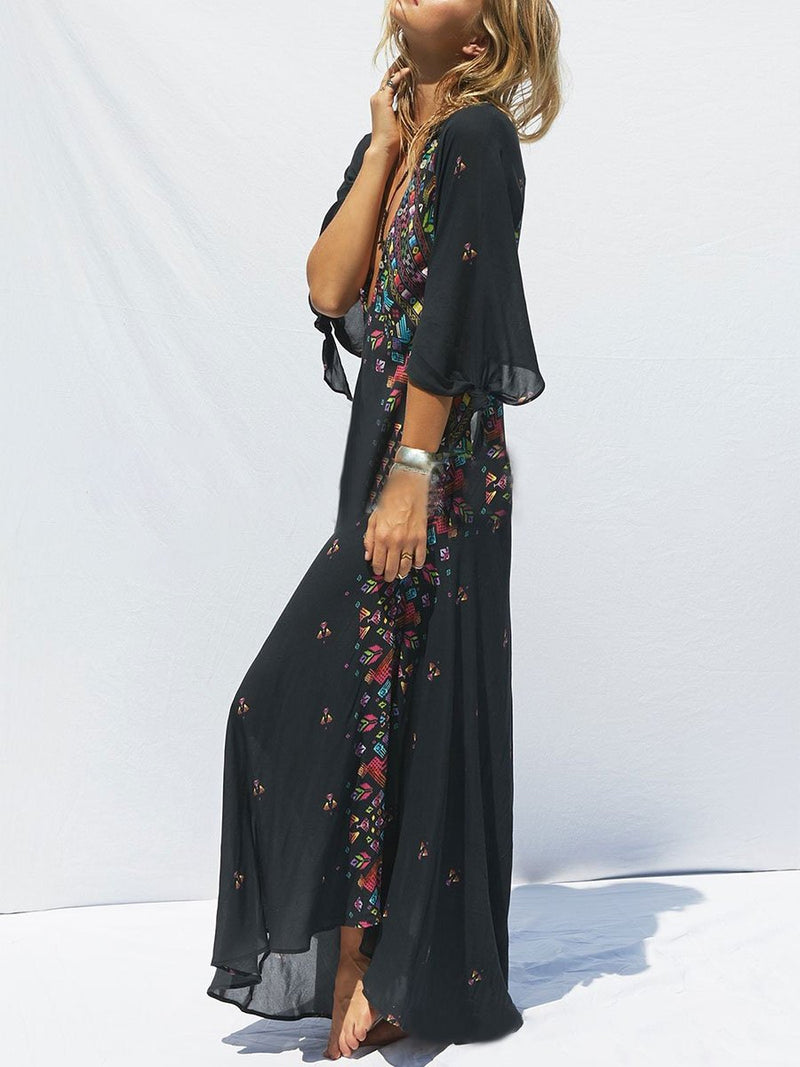 Printed Vacation Bohemian Cropped Sleeve Dress