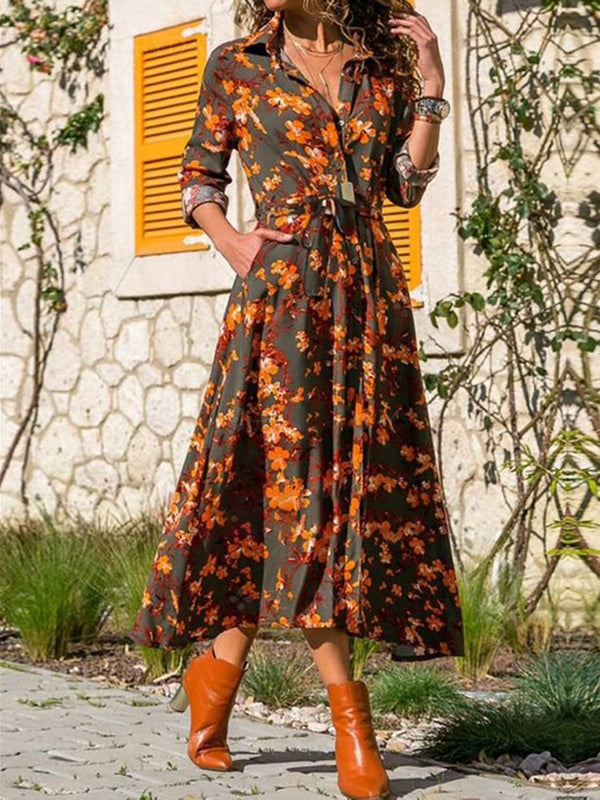 Bohemian Print Casual V-neck Long Sleeve High Waist  Dress