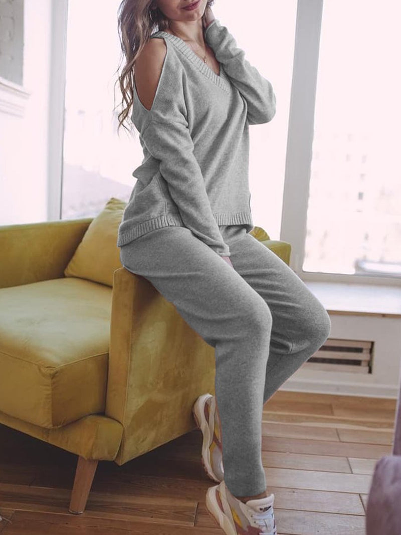 Fashion Loose Casual Long Sleeve Pullover Pants Knitted Suit