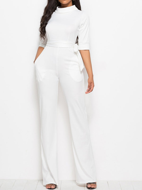 Sexy Solid Color Five-point Sleeve Stand Collar Wide Leg Jumpsuit