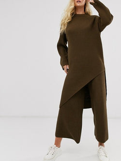 Loose Casual Long Sleeve Irregular Top Wide Leg Pants Knitted Suit