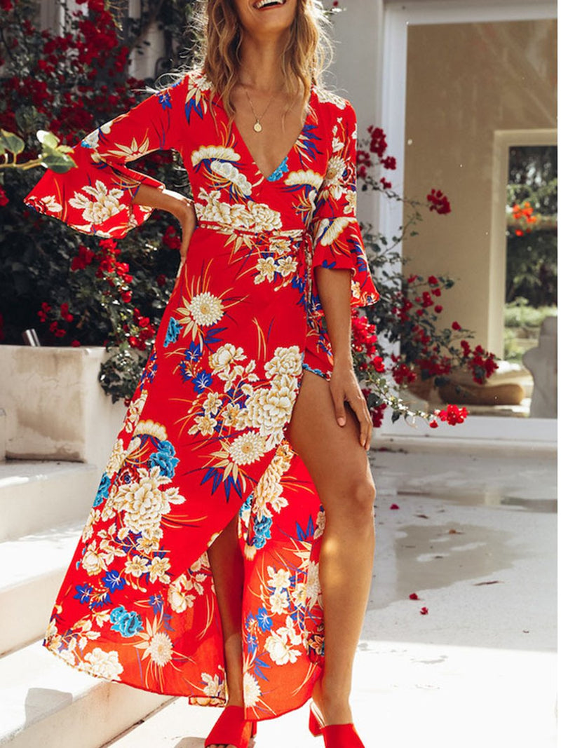 Cross V-neck Printed Lace Split Beach Dress