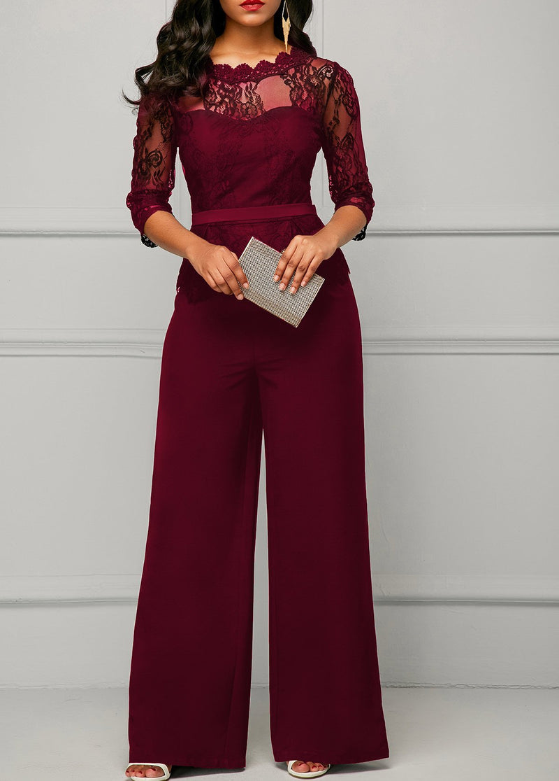 Solid Color Sexy Half Sleeve Lace Wide Leg Jumpsuit