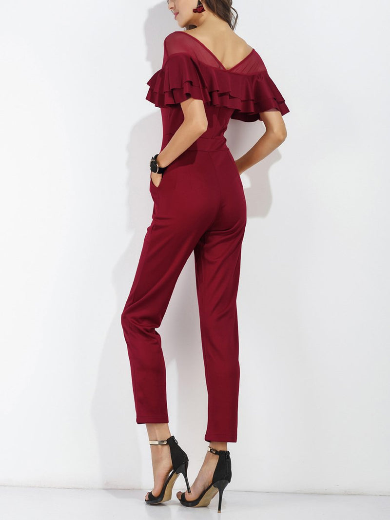 Sexy Mesh Stitching Ruffled Slim Jumpsuit