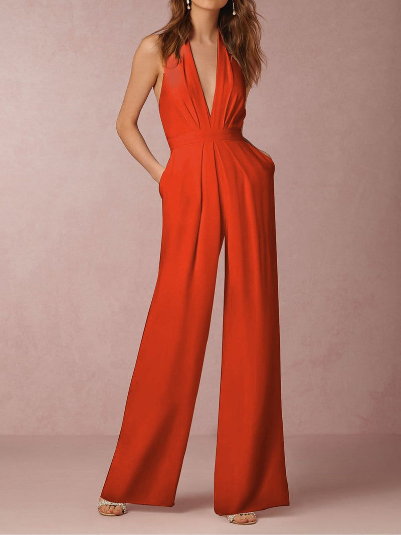 Sexy Sleeveless V-neck Halter Solid Color Jumpsuit