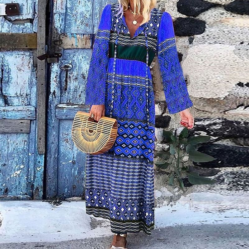 Stylish V-neck Bohemian Loose Print Dress