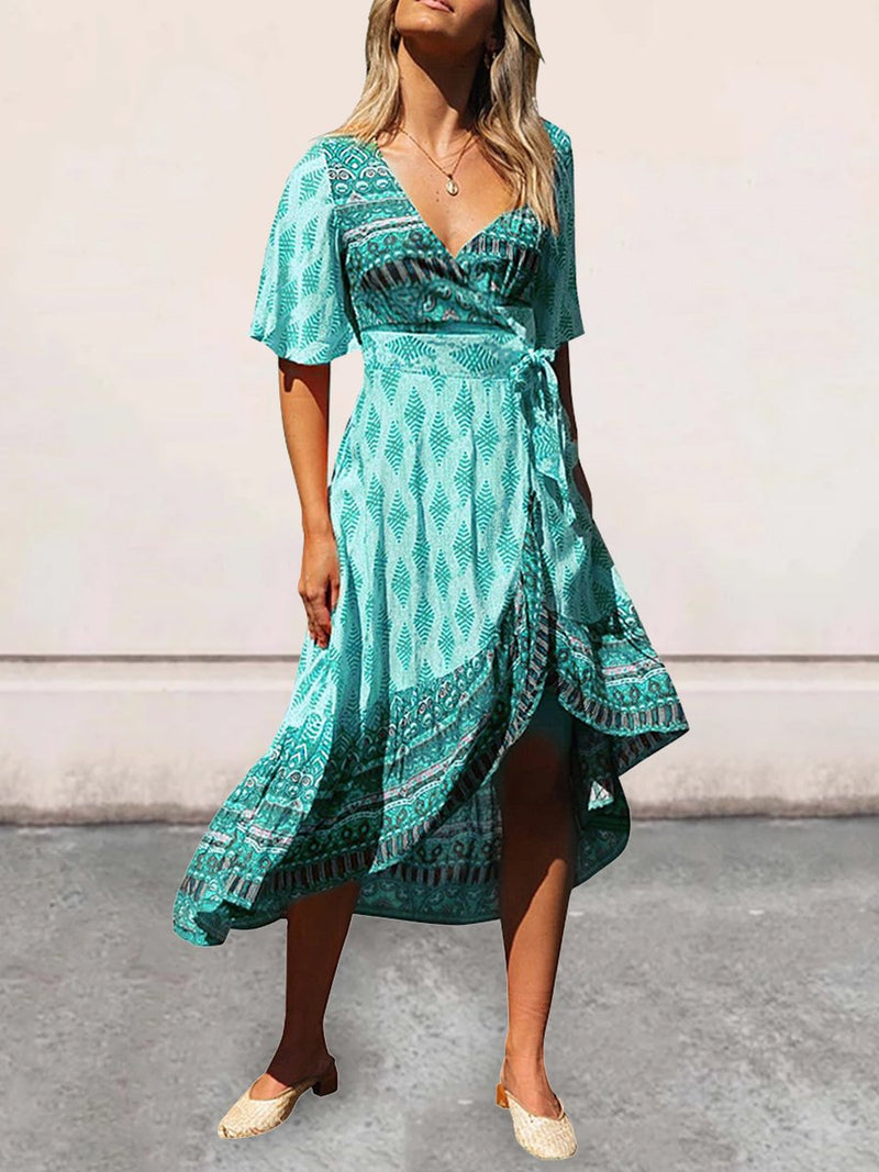 Bohemian Printed V-neck Short Sleeve Dress