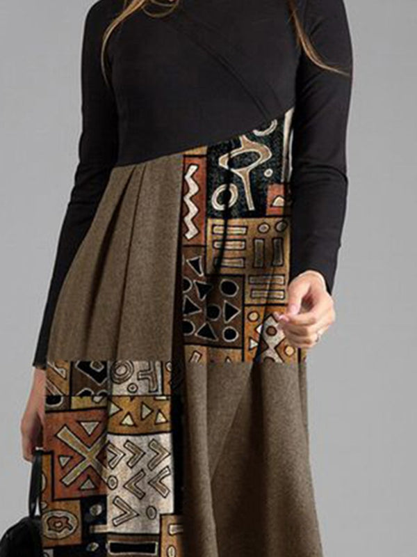 Vintage Elegant Print Colorblock Long Sleeve Dress