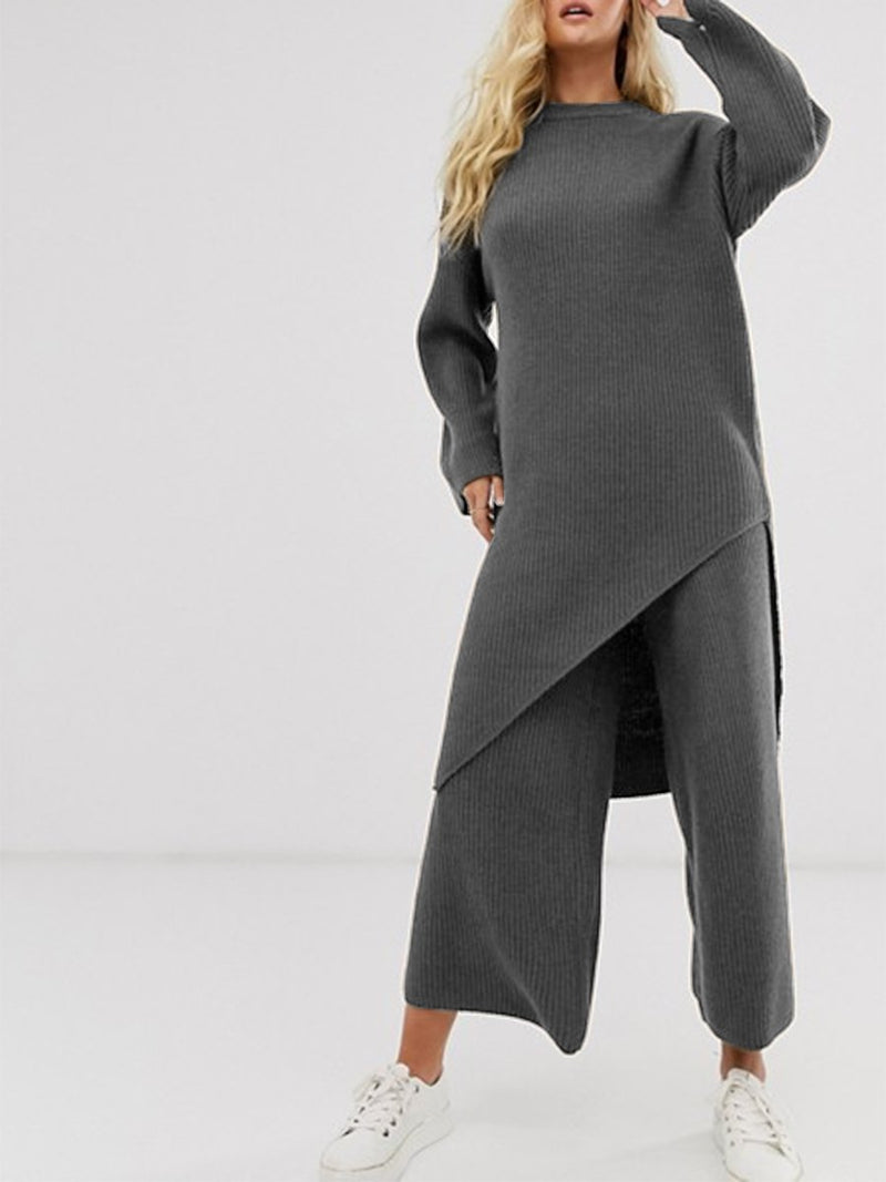 Loose Casual Long Sleeve Irregular Top Wide Leg Pants Knitted Suit