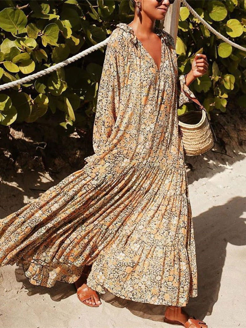 Bohemian Fashion Long Sleeve V-Neck Print Dress