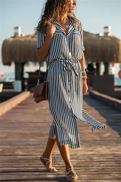 Striped Button High Waist Lace-up Chiffon Maxi Dresses