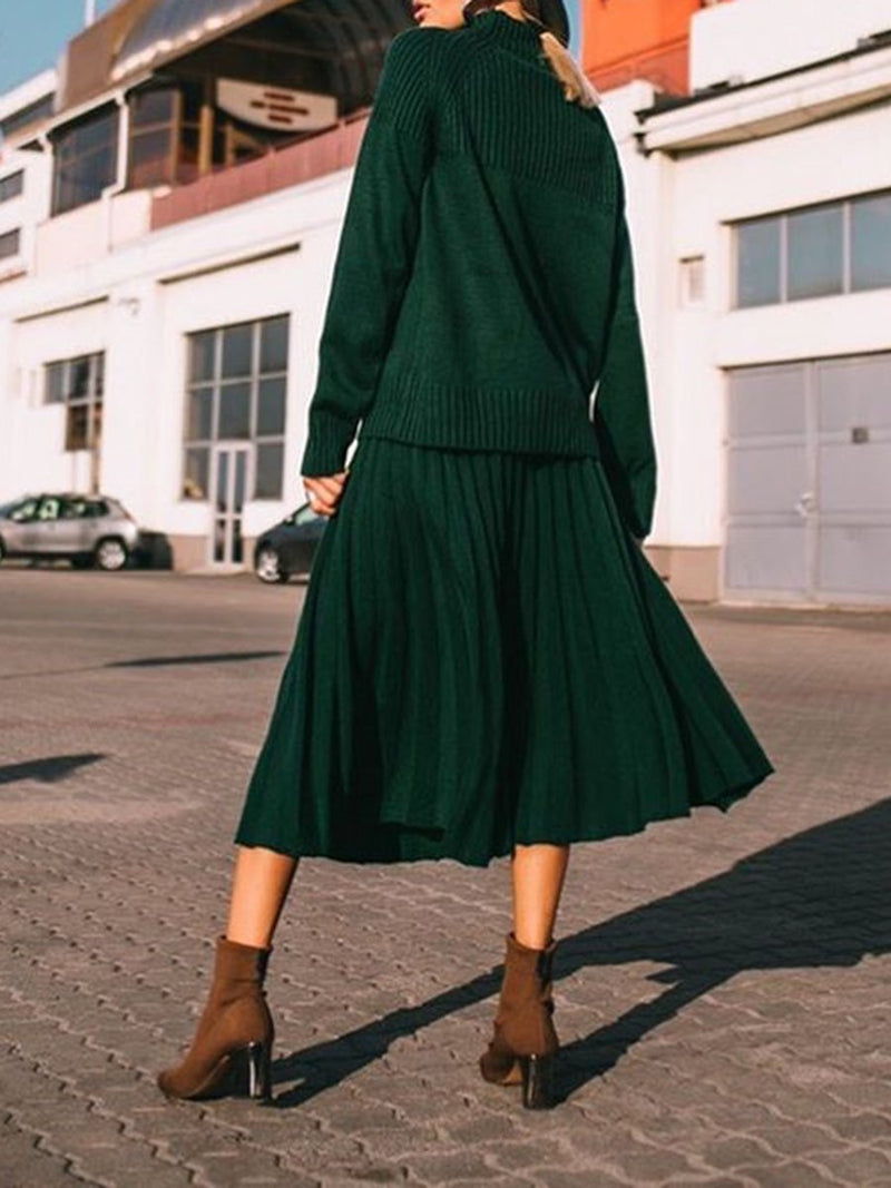 Casual Pleated Skirt Solid Color Set