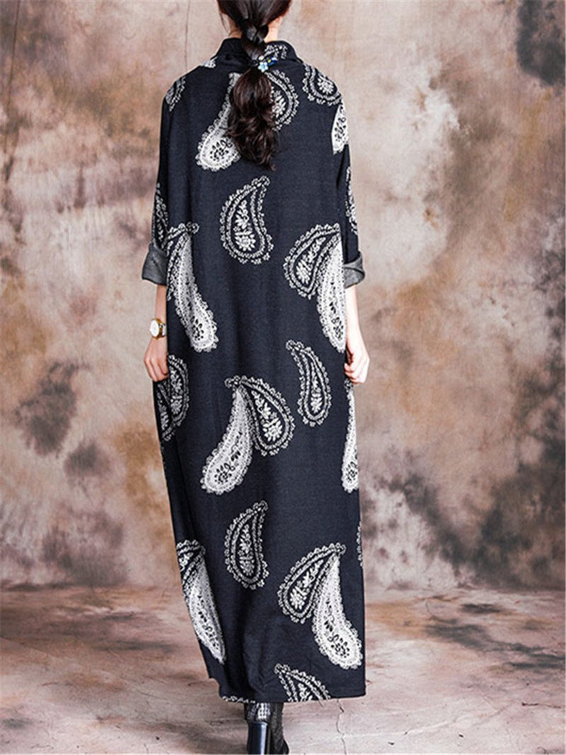 Stand Collar Printed Loose Maxi Dresses