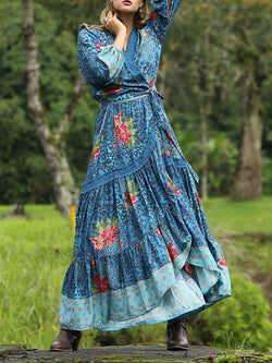 Slim Long-sleeved Blue Vintage Bohemian Dress