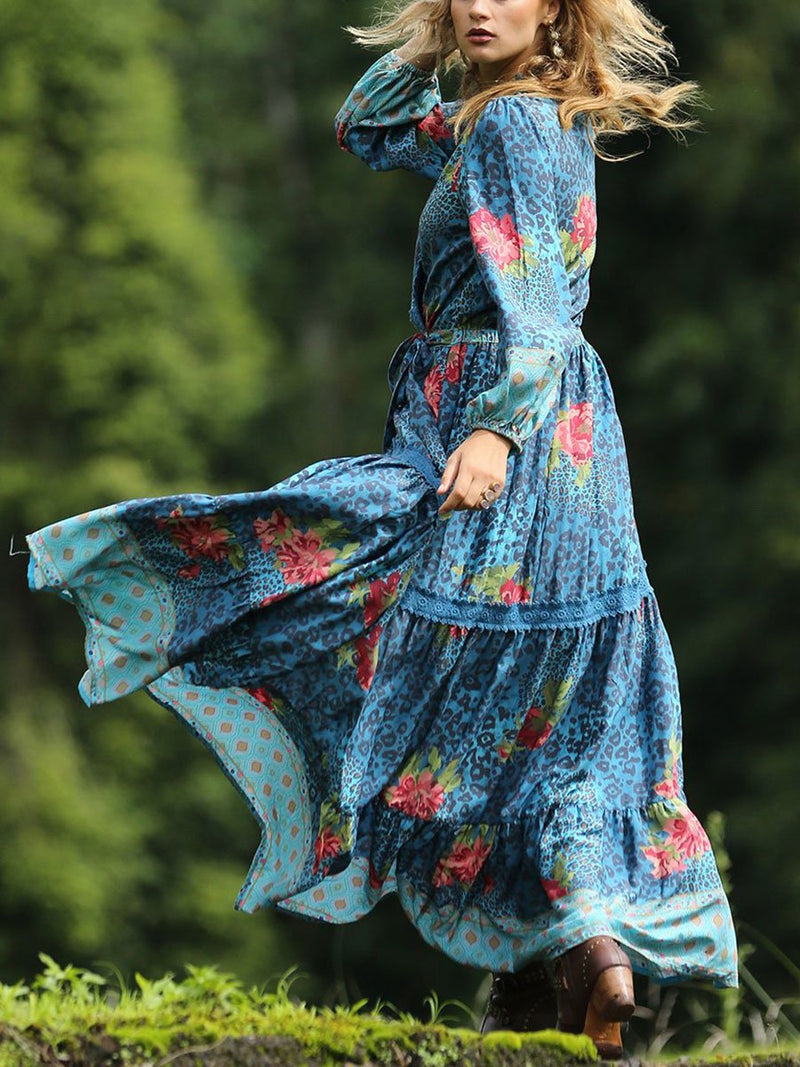 Slim Long-sleeved Blue Vintage Bohemian Dress