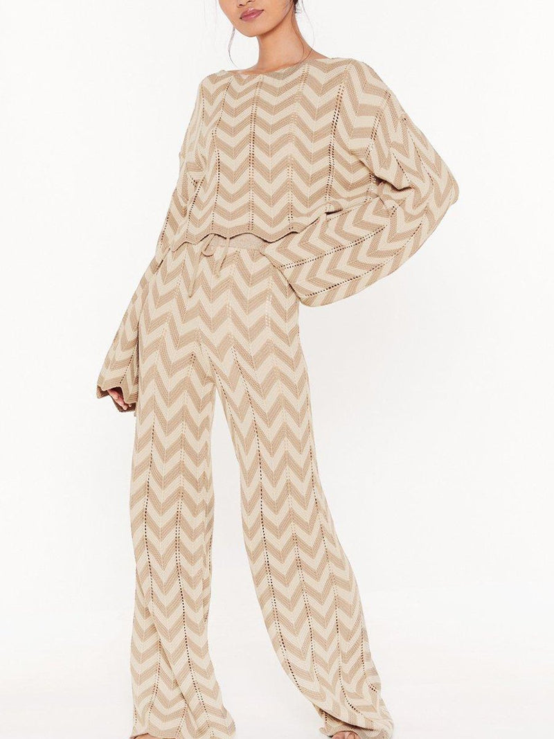 Loose Casual Striped Top Pants Knitted Suit