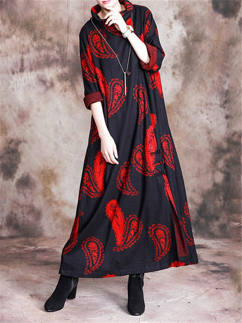 Stand Collar Printed Loose Maxi Dresses